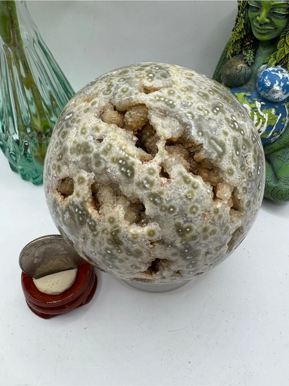 Natural Green-White ocean jasperGeode Sphere - Decorative Reptile Habitat Accent